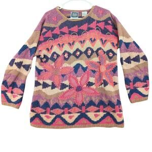 VTG Hand Knit Sweater Womens Small Floral Boho Artsy Coastal Cottagecore 90s